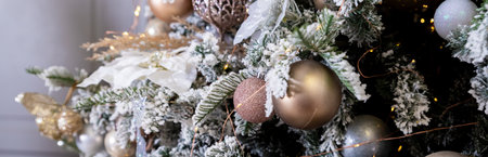 Colorful pastel colored ornament on the Christmas tree with bokeh lights background. Christmas and New Year concept.Fir branches with Christmas decorations. web bannerの写真素材