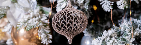 Colorful pastel colored ornament on the Christmas tree with bokeh lights background. Christmas and New Year concept.Fir branches with Christmas decorations. web bannerの写真素材
