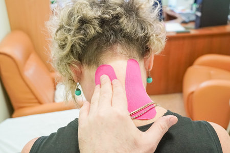 Kinesiology taping. Kinesiology tape on patient neck. Injured trapezius muscles treatment of athlete. Post traumatic rehabilitation, sport physical therapy, recovery concept. relieve pain from head, ear noiseの写真素材