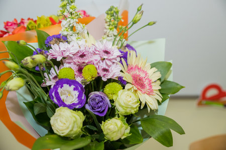 Bouquet made of Alstroemeria, eustoma flowers, Chrysanthemum and Lisianthus flowers. Many flowers of Valentines Dayの写真素材