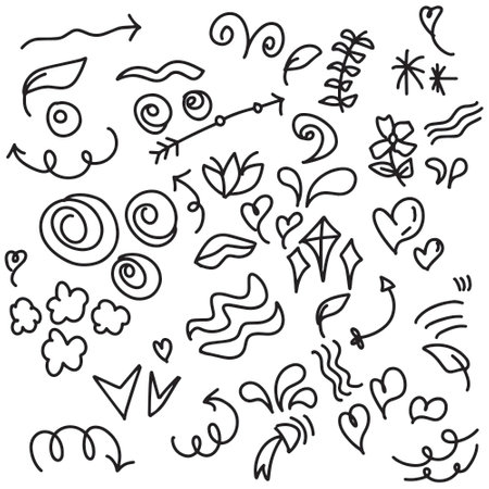 Vector set of different crowns, hearts, stars, crystals, sparkles, arrows, lightnings, diamonds, signs and symbols. Hand drawn, doodle elements isolated on white background.のイラスト素材