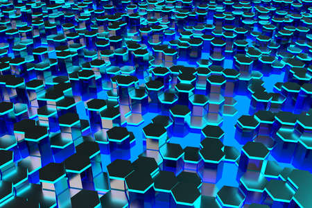 Creative blue hexagon wallpaper. Design and mosaic concept. 3D renderingのeditorial素材