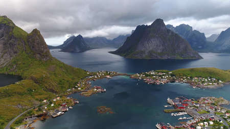 Beautiful Fishing village Undredal against mountain near the Flam in Norway, drone shotの写真素材