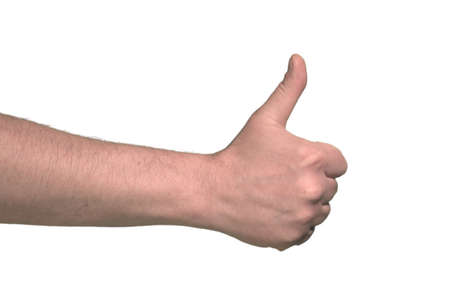 Thumb up on a white background, man handの写真素材
