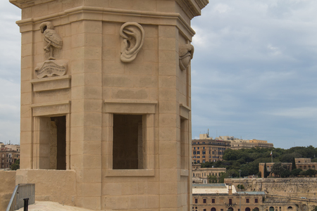 Park in a part of fortification of the city Senglea at the mediterranean island Malta. Tower with a view on the maltese capital Valletta.の写真素材