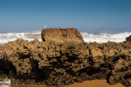 Beach with little rocks on the coast. Wild water of the Atlantic ocean with waves. Clear blue sky. Horizon in the background. Beddouza beach, Morocco.の写真素材