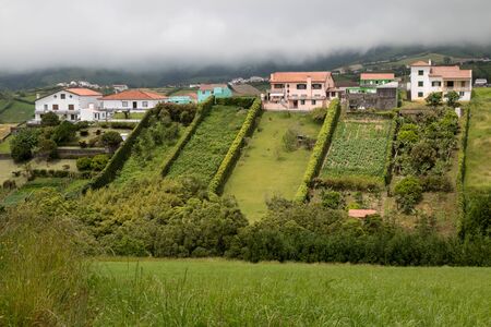 Fields and meadows in a fresh green color in the spring. Up on the hill houses of a village. Intense white clouds. South of Sao Miguel, Azores Islands, Portugal.の写真素材