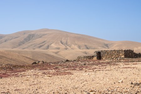 Yellow to brown color of the ground, full of stones and rocks. Ruins of a building made of them. Mountain in the background. Bright blue sky.. Embalse de los Molinos, Fuerteventura.の写真素材