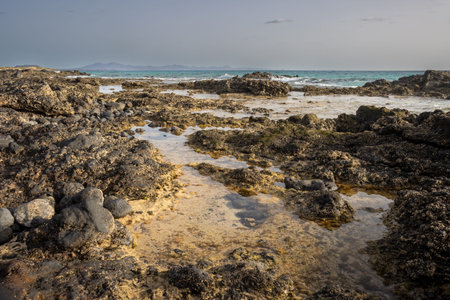 Rocky shore of the coastline, where the unique european desert meets the Atlantic ocean. Small...