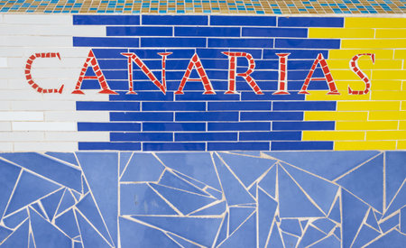Detail of a mosaic with an abstract motive and title Canarias . Gran Tarajal, Fuerteventura, Canary Islands, Spain.の写真素材