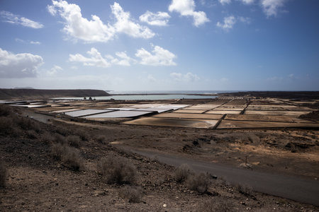 Geometric pattern of small ponds in a Janubio Saline, production of salt. Horizon of the Atlantic ocean. Light clouds. Salinas de Janubio, Lanzarote, Canary Islands, Spain.の写真素材