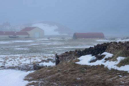 Evening at the lake. Late daylight, fog and rainy weather made the photos looking monochrome with a blue tone. Details of the small volcanic islands and rock formations. Lake Myvatn, Iceland.の写真素材