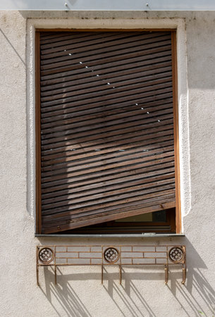Window covered by a wooden broken old blind, so its horizontal. Shadows of the ornate empty flowers...