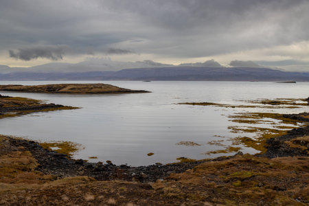 Calm water of the fjord Hvammsfjordur. Volcanic stones and rocks on the cost, together with autumn yellow grass. Cloudy autumn sky. Snaefellsnes, west Iceland.の写真素材