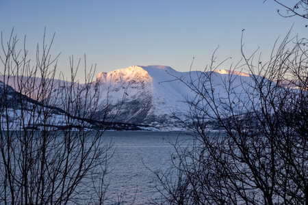Mountains lined by calm water of the Norwegian sea. Colorful clouds in the surise/sunset of a short arctic day. Grovfjord, Norway.の写真素材