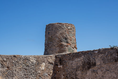 Details of the architecture of well preserved historical building of a Milazzo Castle (Castello di Milazzo), built on a hill with view on the Tyrhennian (Mediterranean) sea. Milazzo, Sicily, Italy.の写真素材