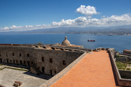Details of the architecture of well preserved historical building of a Milazzo Castle (Castello di Milazzo), built on a hill with view on the Tyrhennian (Mediterranean) sea. Milazzo, Sicily, Italy.の写真素材