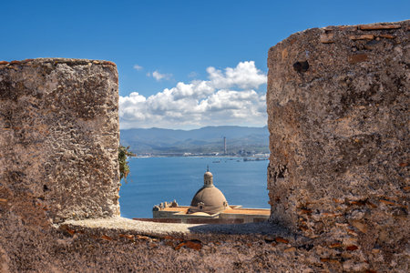 Details of the architecture of well preserved historical building of a Milazzo Castle (Castello di Milazzo), built on a hill with view on the Tyrhennian (Mediterranean) sea. Milazzo, Sicily, Italy.の写真素材