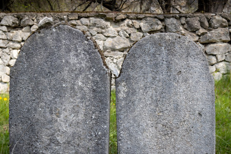 Old weathered stone tombstone at an abandoned small jewish cemetery, surrounded by spring fresh nature. Trstin, Slovak republic.の写真素材