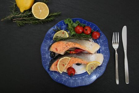 The salmon lemon steak which I am cookingの写真素材