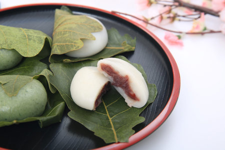 Rice cake containing bean jam wrapped in an oak leaf which I served in a plate