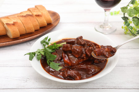 The beef tongue stew which I attached wine and bread and served to a dish.