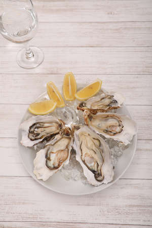 Raw oysters and lemon on a plate.
Oysters are an exception in a Western food culture that generally dislikes eating seafood raw, but oysters are a food that has developed a culture of eating raw.の写真素材