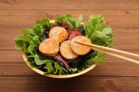 Seafood Salad with Angler Liver and Seaweed in a Salad Bowlの写真素材