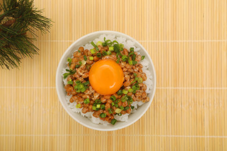 Japanese Breakfast: Natto with egg on riceの写真素材