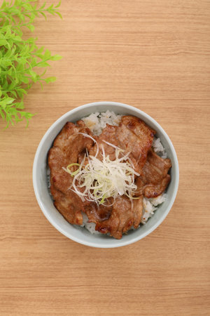 Japanese food, fried pork on rice in a bowl on wooden backgroundの写真素材
