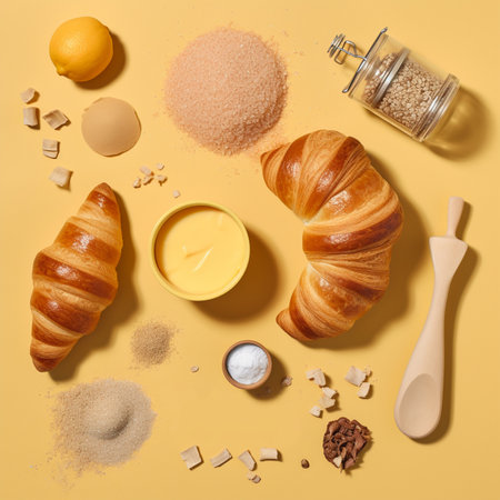 Flat lay composition with ingredients for cooking croissants on color backgroundの素材
