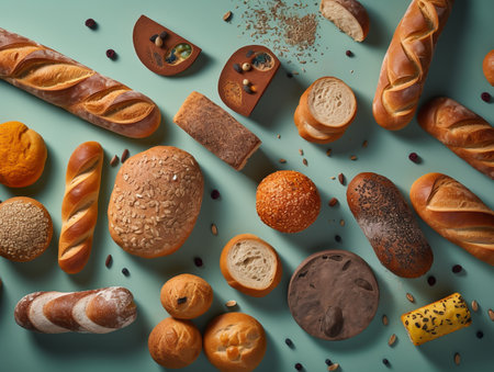 Different types of bread and buns on color background, flat layの素材