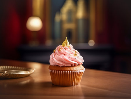 Cupcake with pink cream and golden crown on the table.の素材