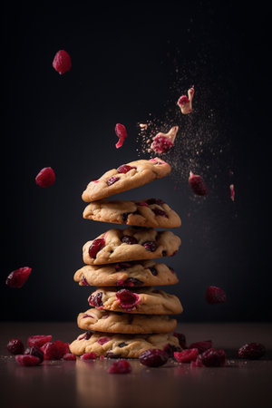 Pile of chocolate chip cookies with falling raspberries on black backgroundの素材