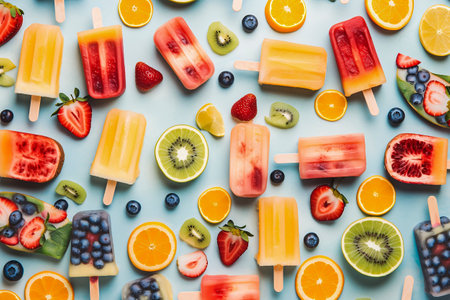 Top view of tasty ice pops with fruits and berries on blue backgroundの素材