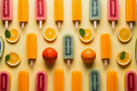 Fruit ice lolly on yellow background. Top view. Flat lay.の素材