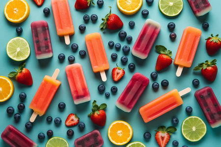 Colorful fruit ice pops on blue background. Top view, flat layの素材