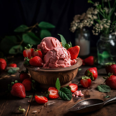 Strawberry ice cream with fresh strawberries and mint leaves on rustic wooden backgroundの素材