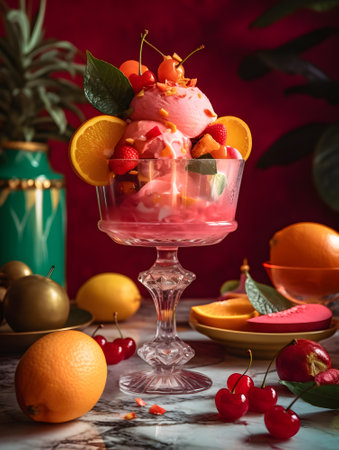 Fruit ice cream in a glass vase on a red backgroundの素材