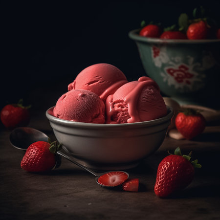 Strawberry ice cream scoops in bowl with fresh strawberries on dark backgroundの素材