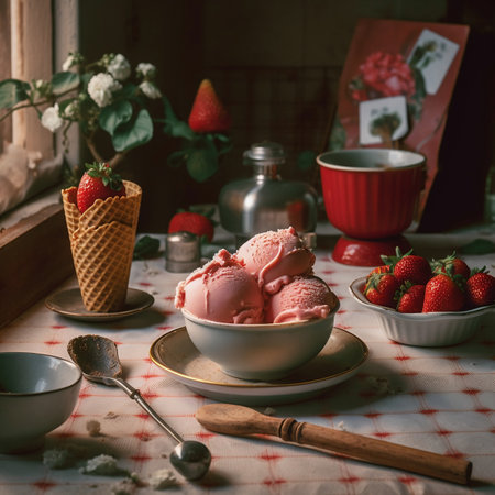 Strawberry ice cream in a bowl on a wooden table.の素材