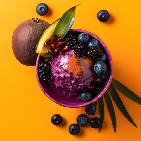 Top view of purple bowl with ice cream decorated with fruits and leaves on orange backgroundの素材