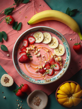 Healthy breakfast bowl with strawberry, banana, cashew nuts and honeyの素材