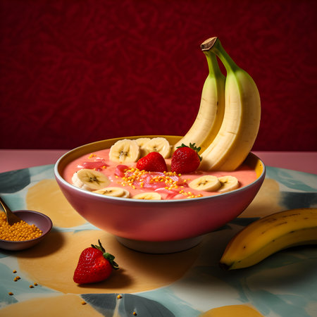 Healthy breakfast bowl with strawberry and banana smoothie over red backgroundの素材
