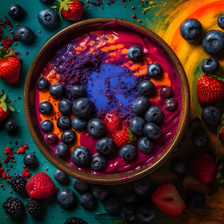 Blueberry and raspberry smoothie in a bowl on a green backgroundの素材