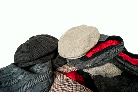 Stacks of classic hats like newsboy hats and flat hats in different colors and designs on a white...