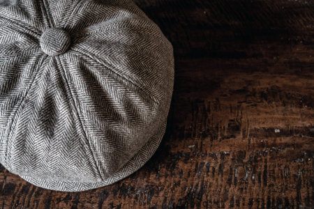Detail of a classic eight-panel newsboy hat in tweed fabric herringbone in khaki on a classic...