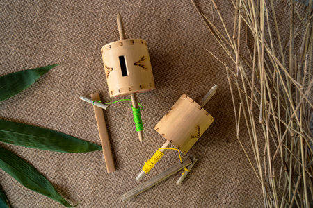 Detail of gangsing, a traditional Indonesian children's toy, made of bamboo strips attached with...