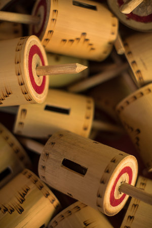 Detail of gangsing, a traditional Indonesian children's toy, made of bamboo strips attached with...