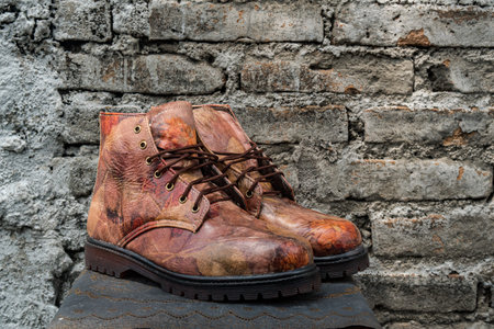 Making ecoprint crafts from natural materials on leather boots. The ecoprint technique uses stacked...